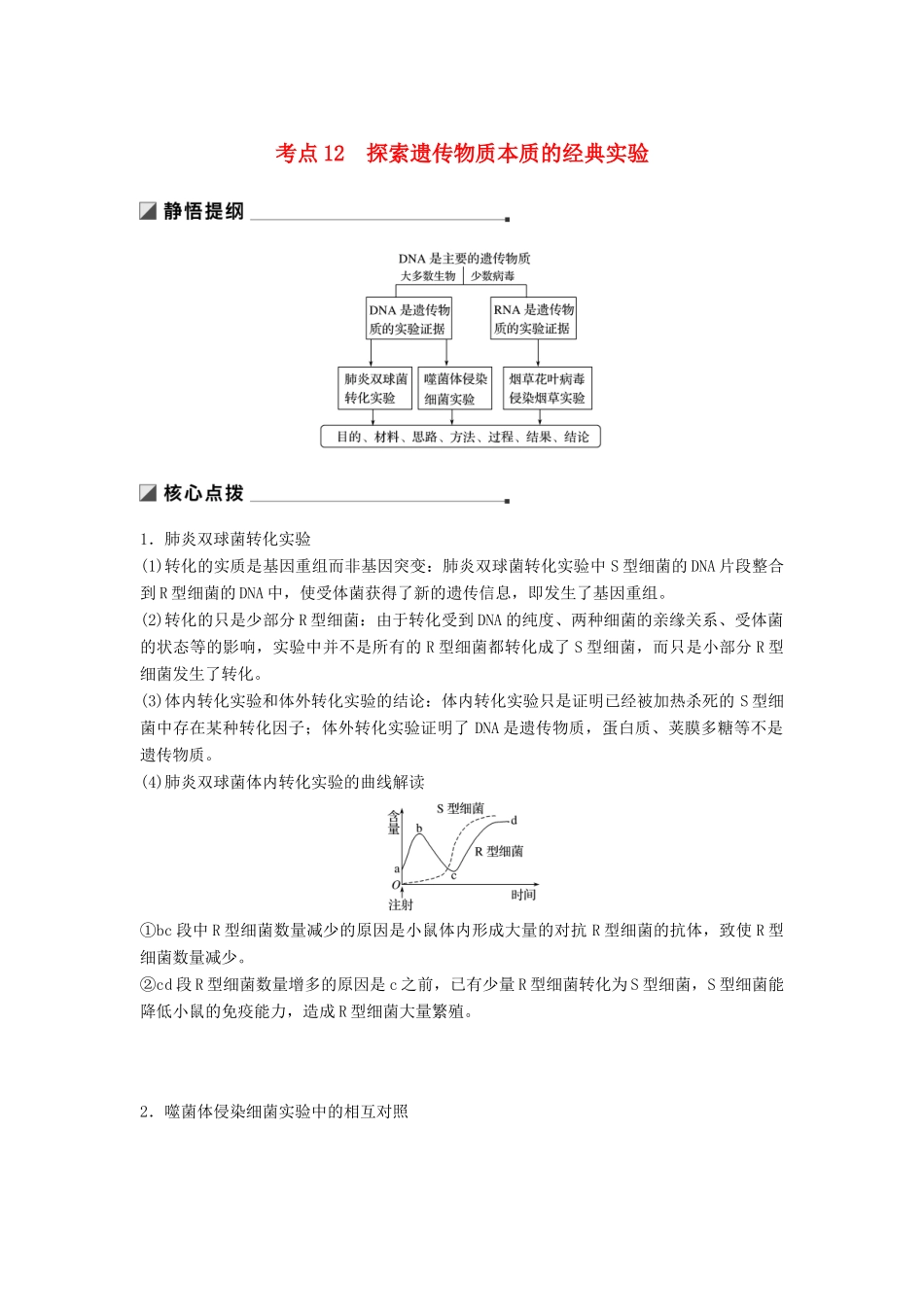 （通用版）高考生物二轮复习 专题四 遗传的分子基础 考点12 探索遗传物质本质的经典实验学案-人教版高三全册生物学案_第1页