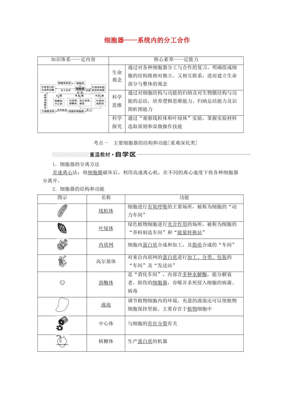 （通用版）高考生物一轮复习 第二单元 第二讲 细胞器——系统内的分工合作学案（含解析）-人教版高三全册生物学案_第1页