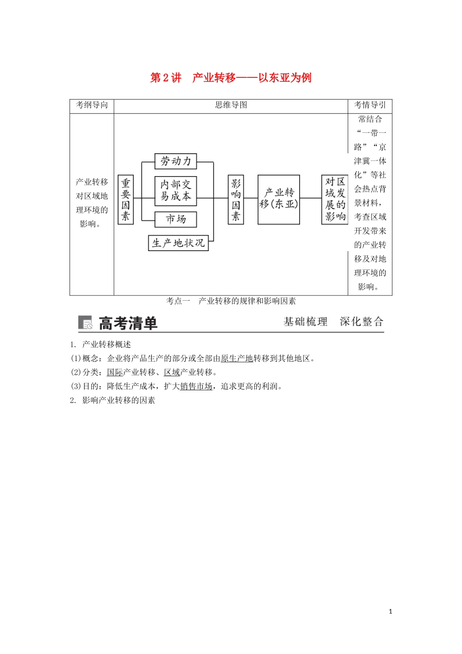 （锁定高考）高考地理一轮总复习 第十七章 区际联系与区域协调发展 第2讲 产业转移——以东亚为例讲义（含解析）新人教版-新人教版高三全册地理教案_第1页