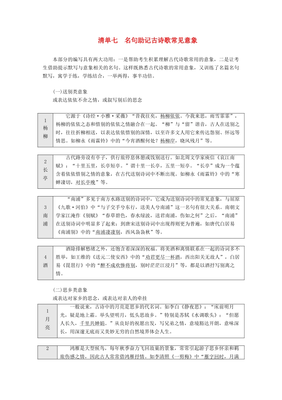 （通用版）高考语文一轮复习 第四模块 专题二 微积累——学语文在平时 清单七名句助记古诗歌常见意象学案（含解析）-人教版高三全册语文学案_第1页