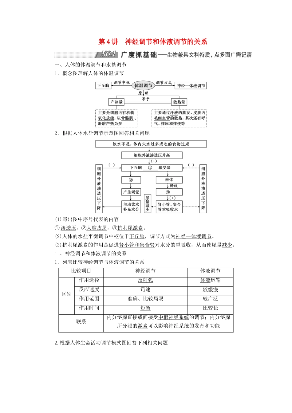 （通用版）高考生物一轮复习 第一单元 第4讲 神经调节和体液调节的关系学案（含解析）（必修3）-人教版高三必修3生物学案_第1页