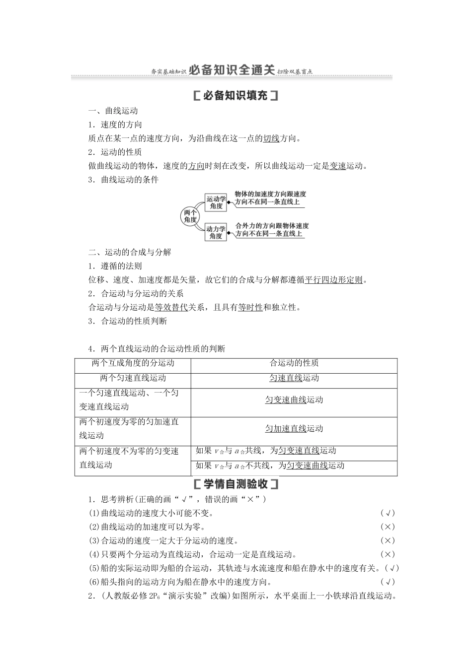 （通用版）高考物理大一轮复习 第4章 曲线运动 万有引力与航天 第1节 曲线运动、运动的合成与分解教学案-人教版高三全册物理教学案_第2页
