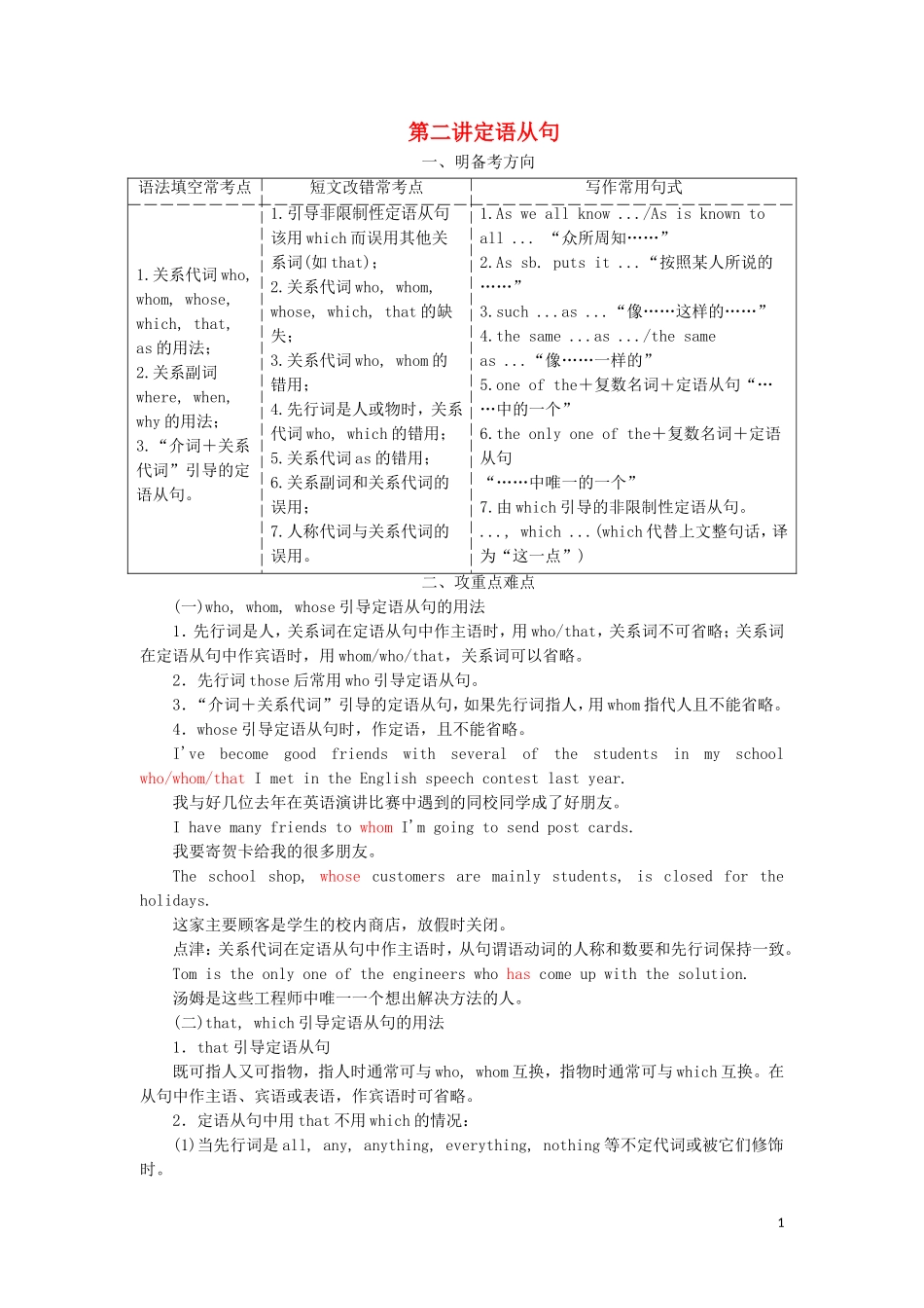 （通用版）高考英语二轮复习 第三板块 语法填空与短文改错 NO.2 再研考点 第二层级 第二讲 定语从句讲义-人教版高三全册英语学案_第1页
