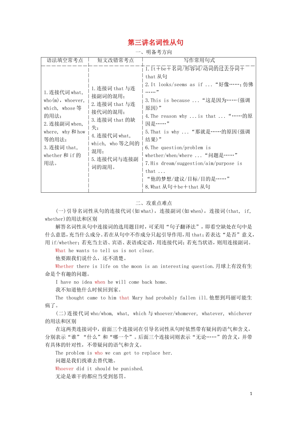 （通用版）高考英语二轮复习 第三板块 语法填空与短文改错 NO.2 再研考点 第二层级 第三讲 名词性从句讲义-人教版高三全册英语学案_第1页