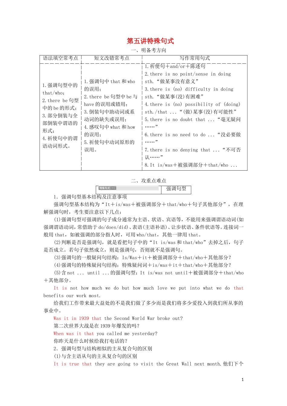 （通用版）高考英语二轮复习 第三板块 语法填空与短文改错 NO.2 再研考点 第二层级 第五讲 特殊句式讲义-人教版高三全册英语学案_第1页