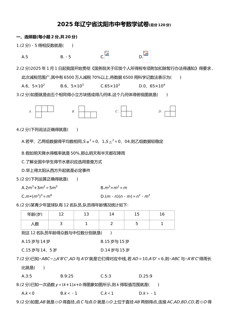 2025年辽宁省沈阳市中考数学试题及答案解析版_第1页