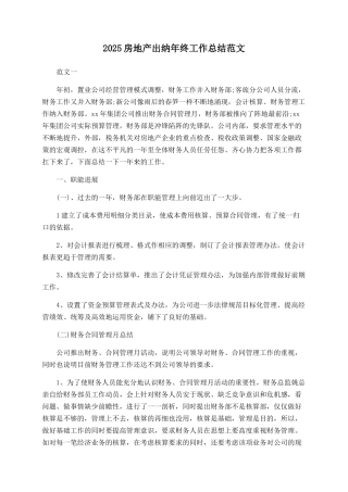 2025房地产出纳年终工作总结范文