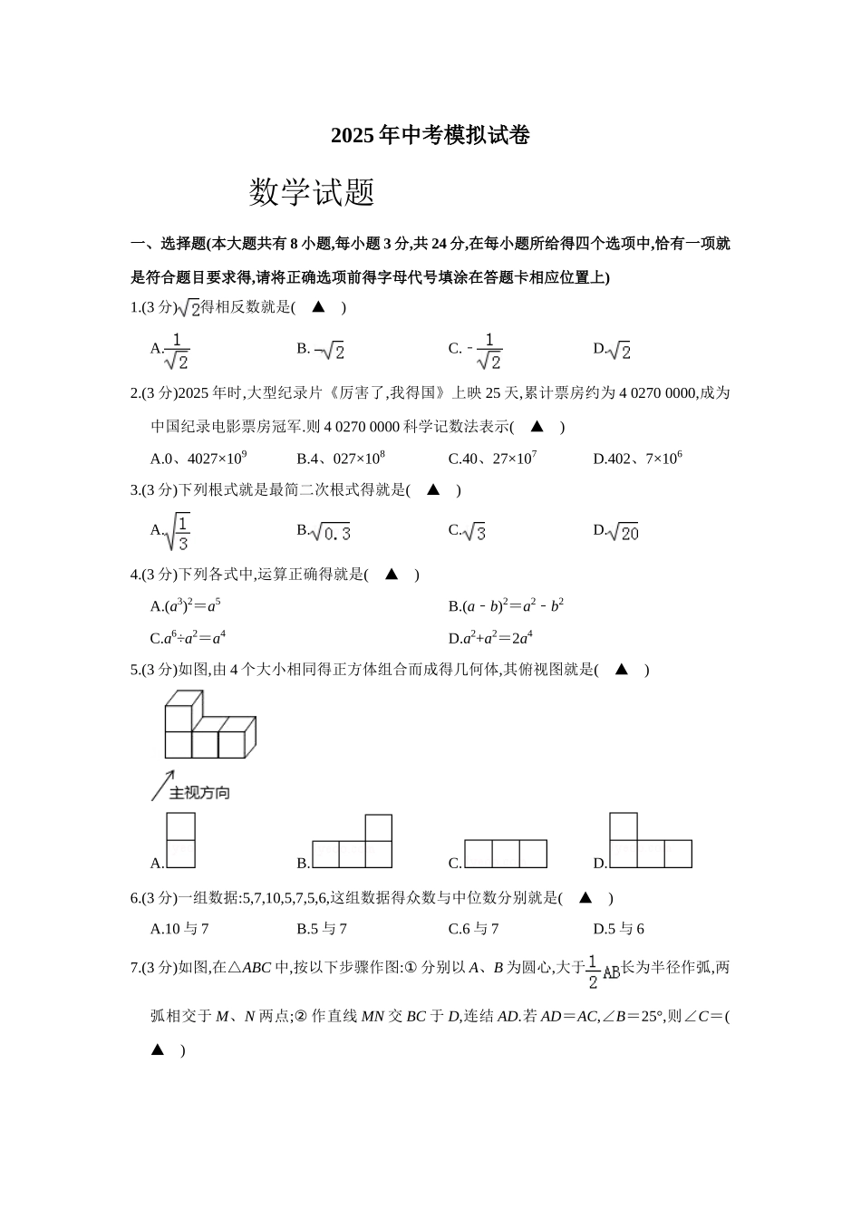 2025数学中考模拟试题_第1页