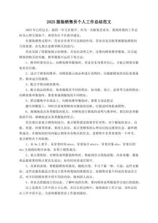 2025服装销售员个人工作总结范文