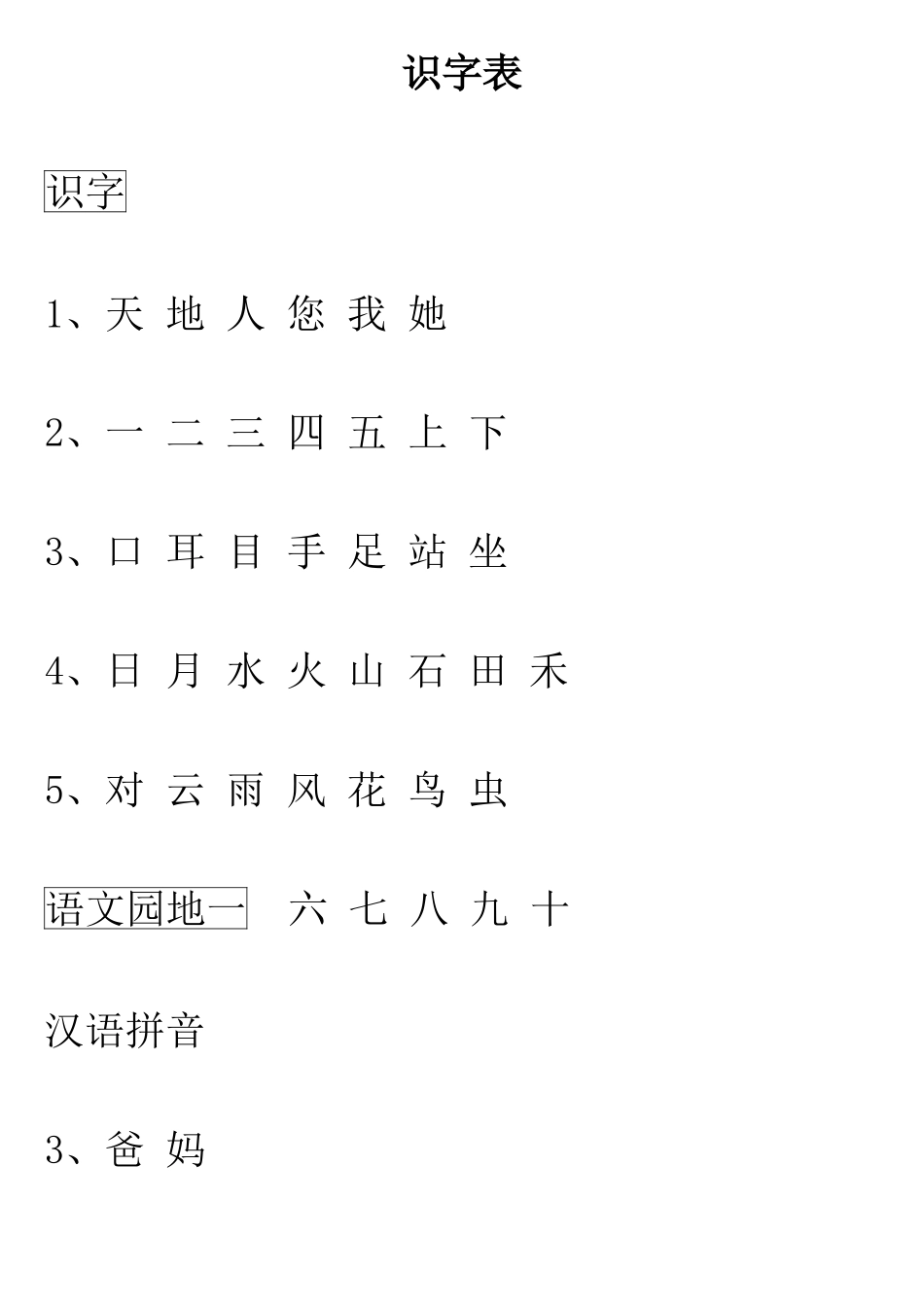 2025版人教版语文一年级上册生字表识字表写字表_第1页