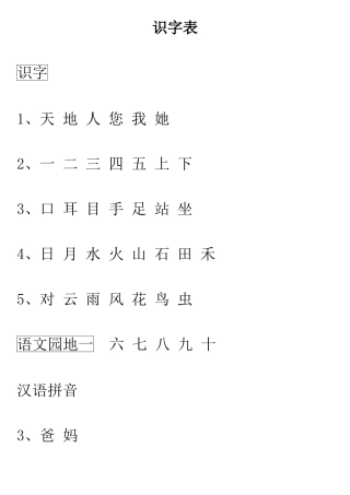 2025版人教版语文一年级上册生字表识字表写字表