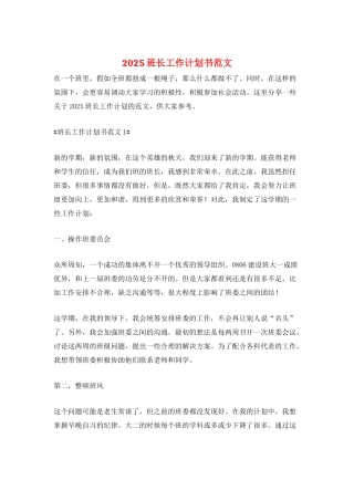 2025班长工作计划书范文