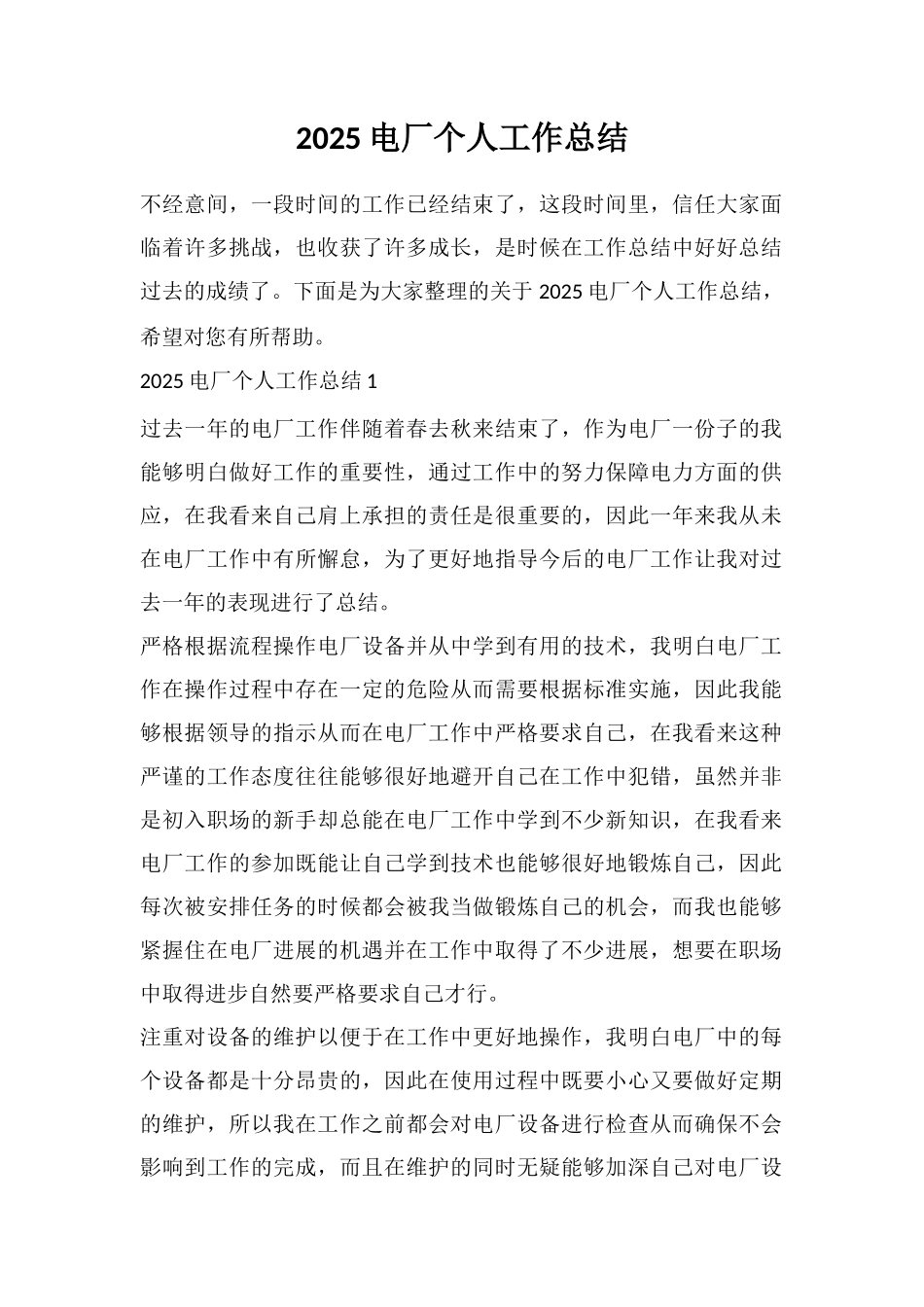 2025电厂个人工作总结_第1页