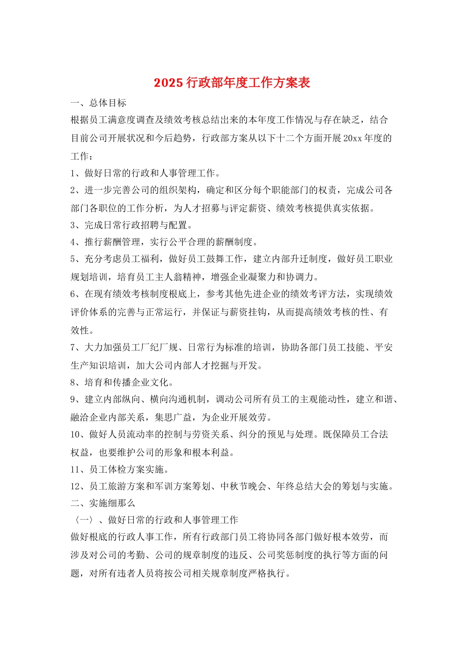 2025行政部年度工作计划表_第1页