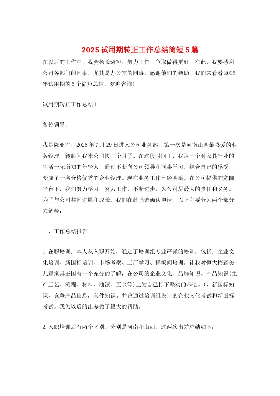 2025试用期转正工作总结简短5篇_第1页