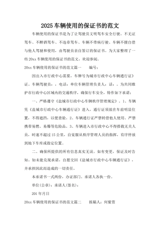 2025车辆使用的保证书的范文（标准版）