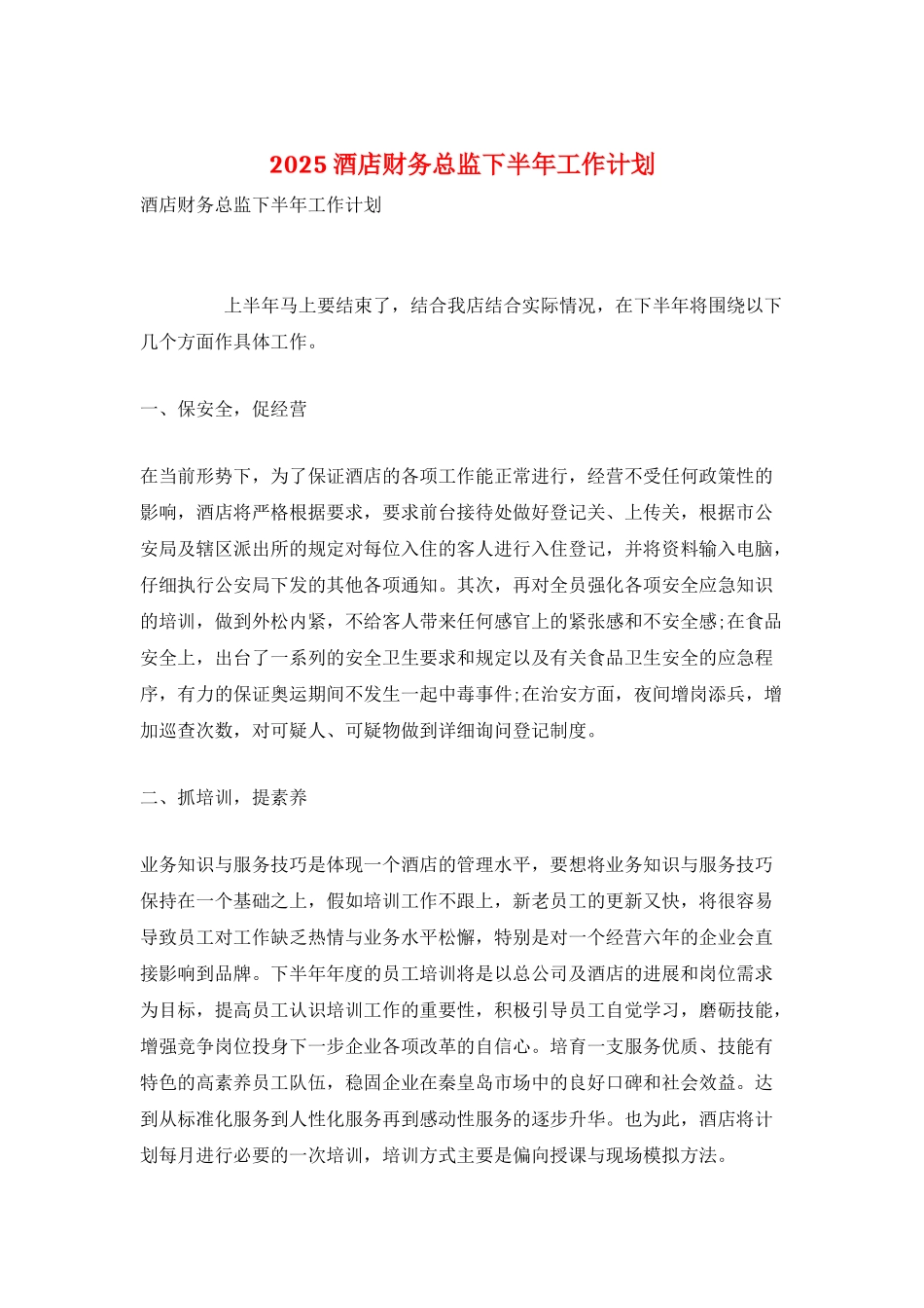 2025酒店财务总监下半年工作计划_第1页