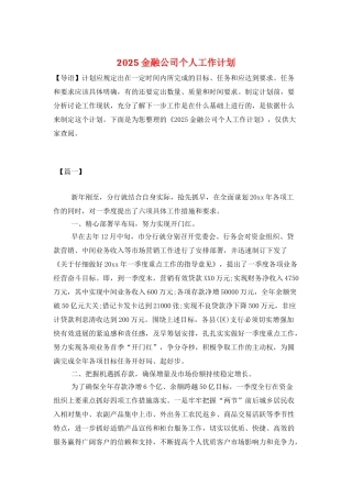 2025金融公司个人工作计划