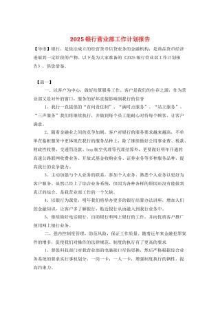 2025银行营业部工作计划报告