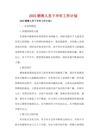 2025销售人员下半年工作计划（精编版）
