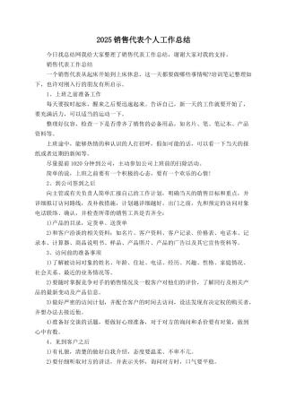 2025销售代表个人工作总结