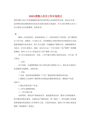 2025销售人员月工作计划范文