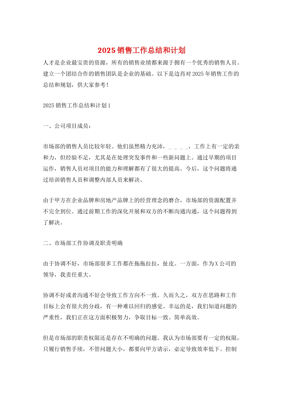 2025销售工作总结和计划_第1页