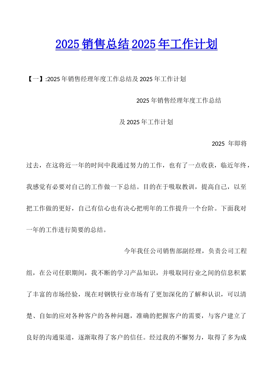 2025销售总结2025年工作计划_第1页