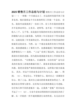 2025销售月工作总结与计划