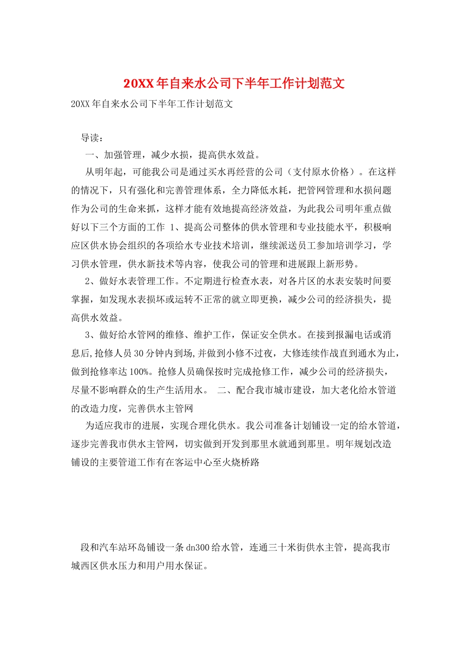 20XX年自来水公司下半年工作计划范文_第1页