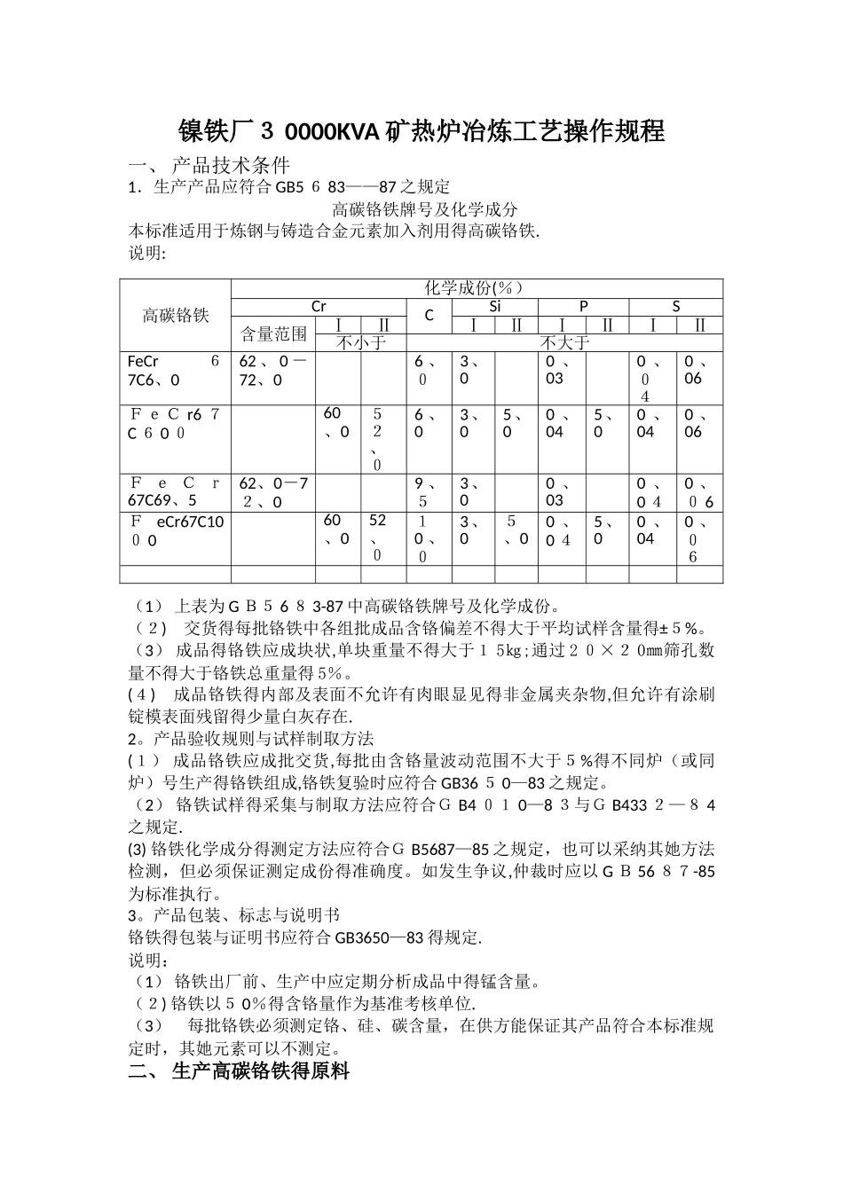 30000KVA矿热炉冶炼工艺操作规程_第1页