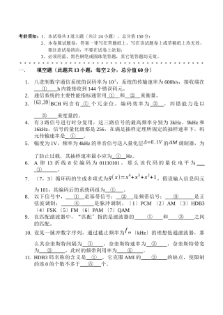 414通信原理-考生注意：本试卷共八大题-满分150分
