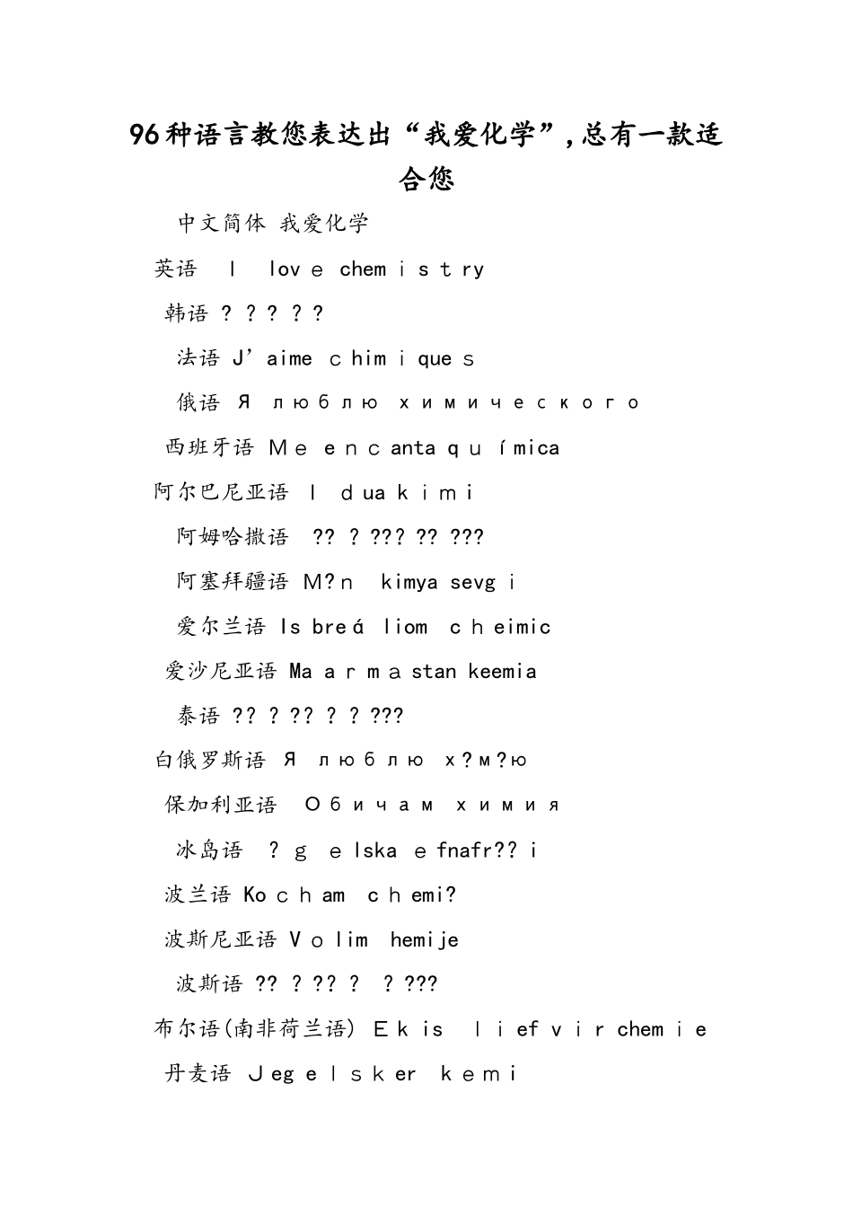96种语言教你表达出“我爱化学”，总有一款适合你_第1页