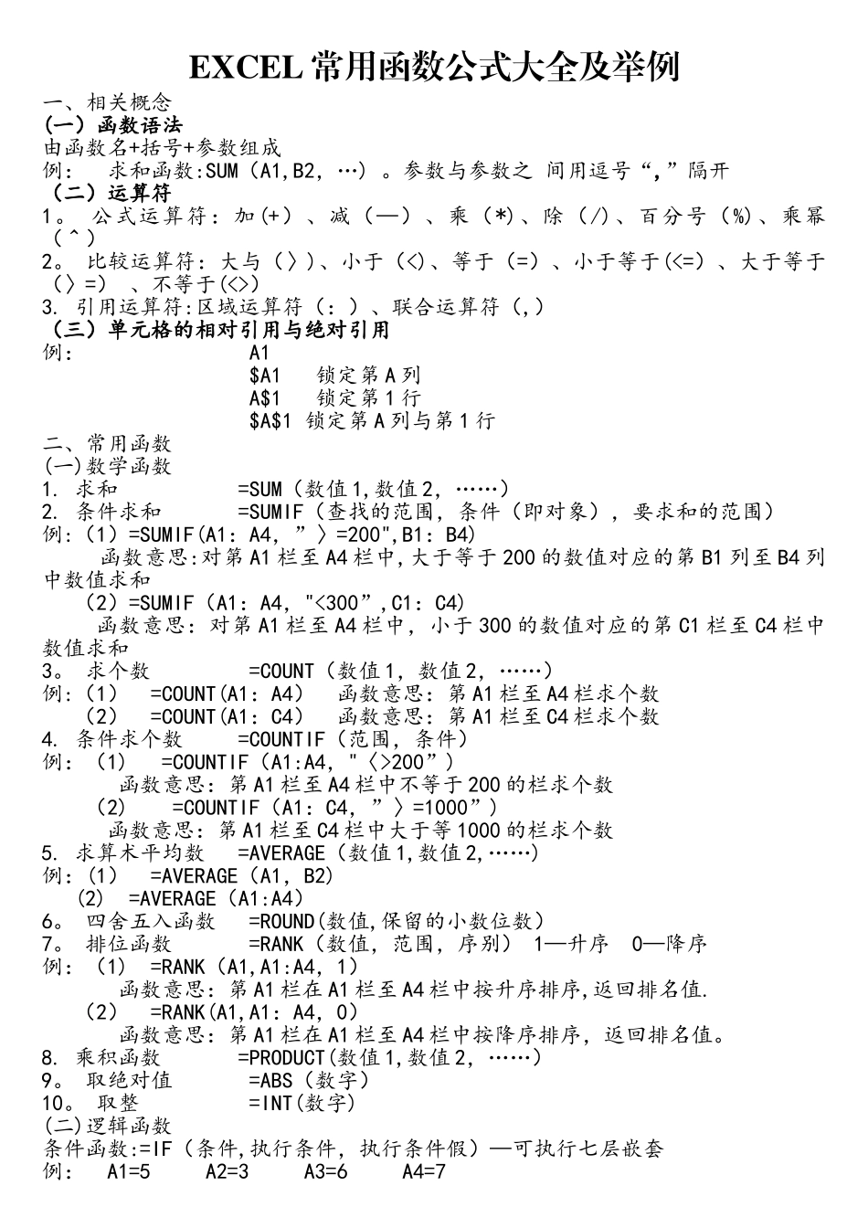 EXCEL常用函数公式大全及举例_第1页