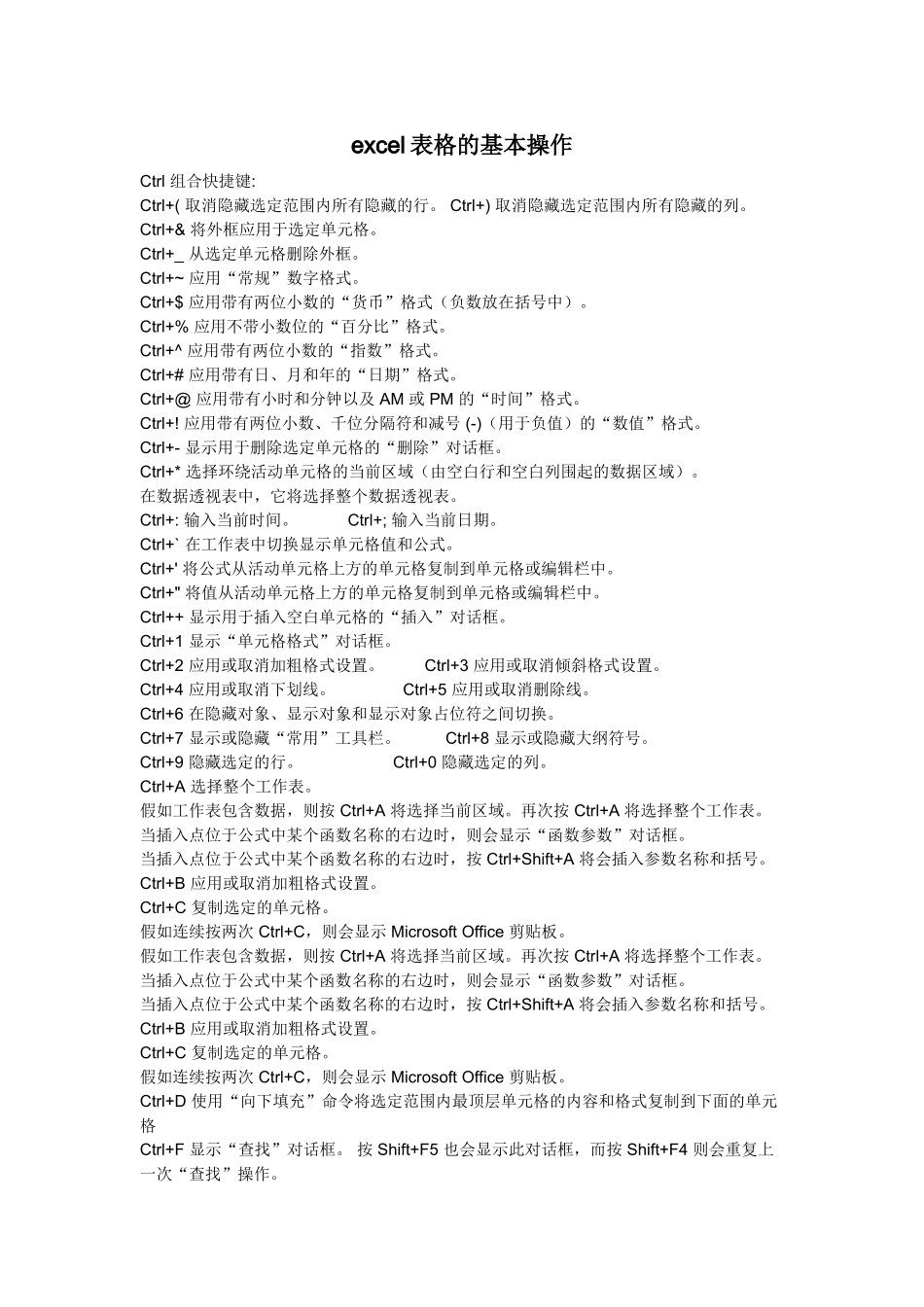 excel表格快捷键操作大全_第1页