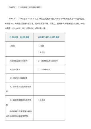 ISO9001：2025版与2025版标准对照