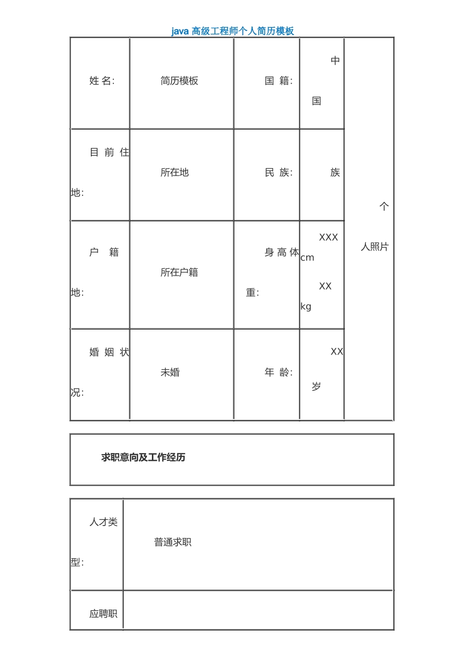 java-高级工程师个人简历模板_第1页