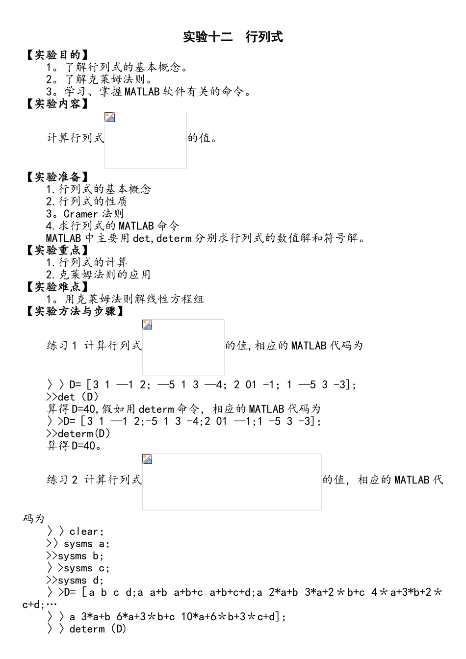 matlab实验十二行列式_第1页
