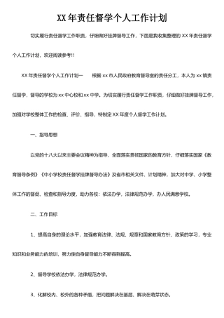 XX年责任督学个人工作计划