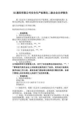 XX通信有限公司安全生产标准化二级企业自评报告