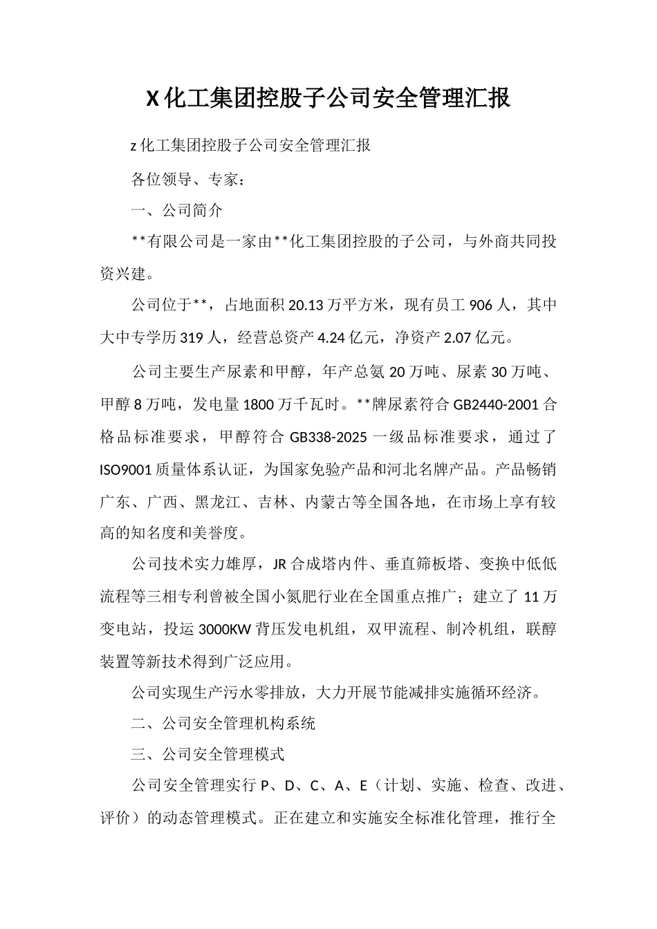 X化工集团控股子公司安全管理汇报_第1页