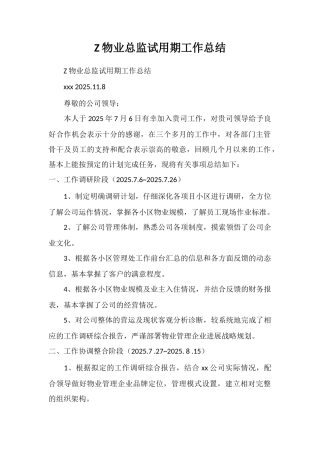 Z物业总监试用期工作总结