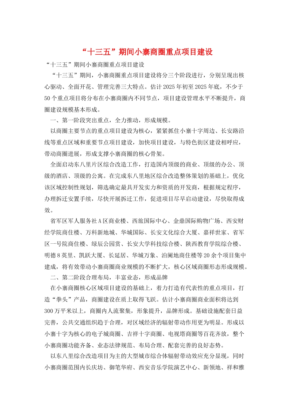 “十三五”期间小寨商圈重点项目建设_第1页