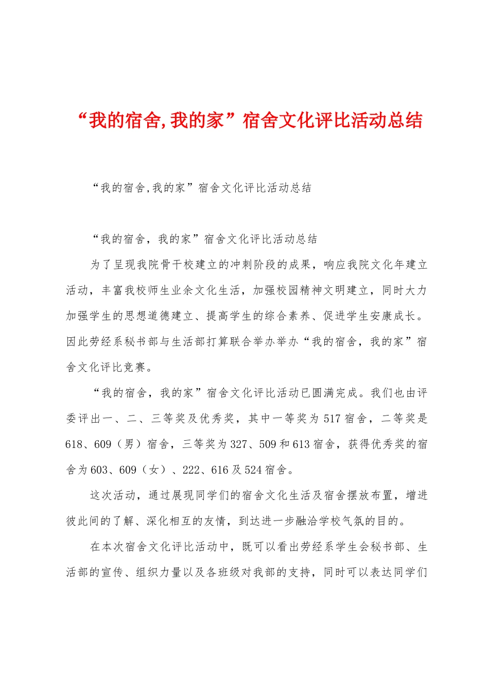 “我的宿舍-我的家”宿舍文化评比活动总结_第1页