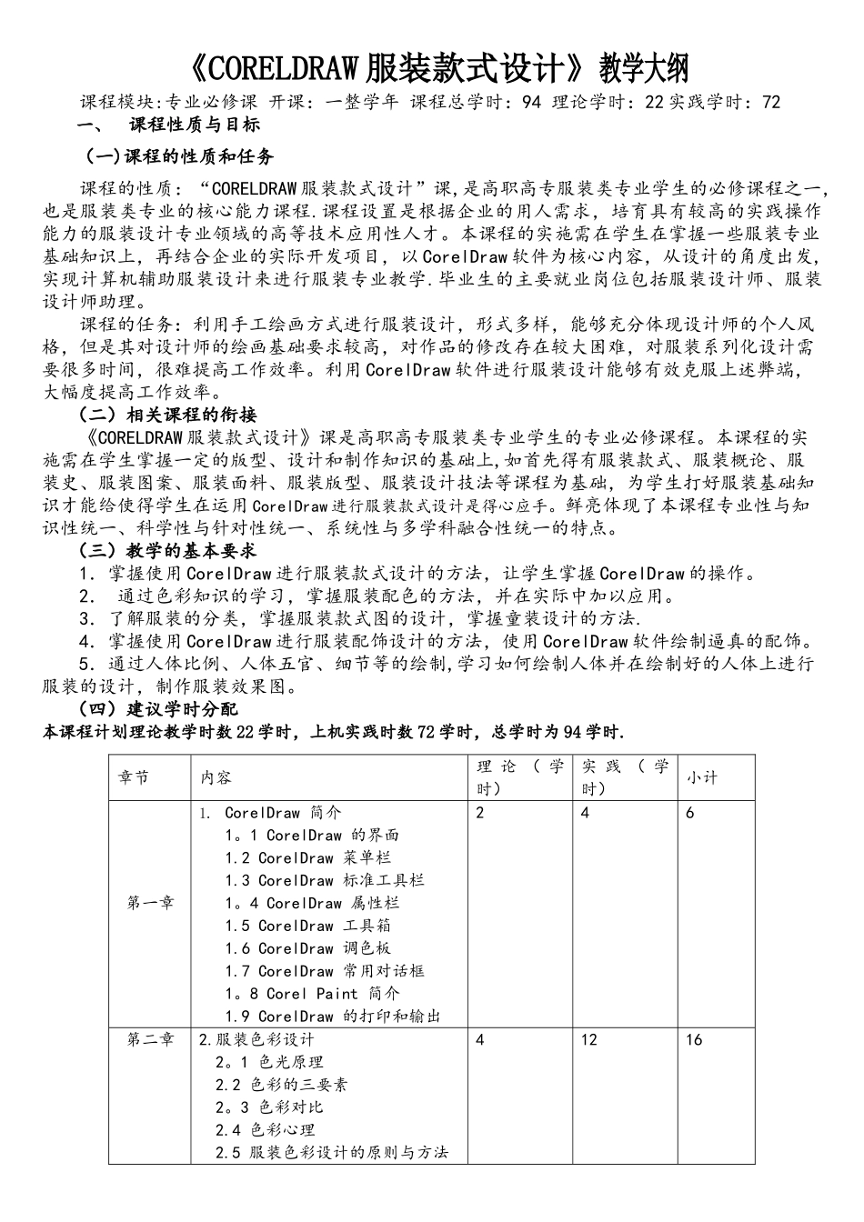《CORELDRAW服装款式设计》教学大纲_第1页