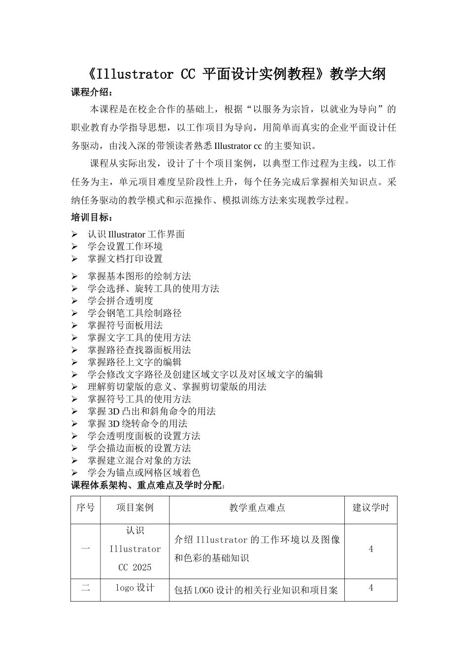 《Illustrator-CC-平面设计实例教程》教学大纲-课程标准-最全最新_第1页