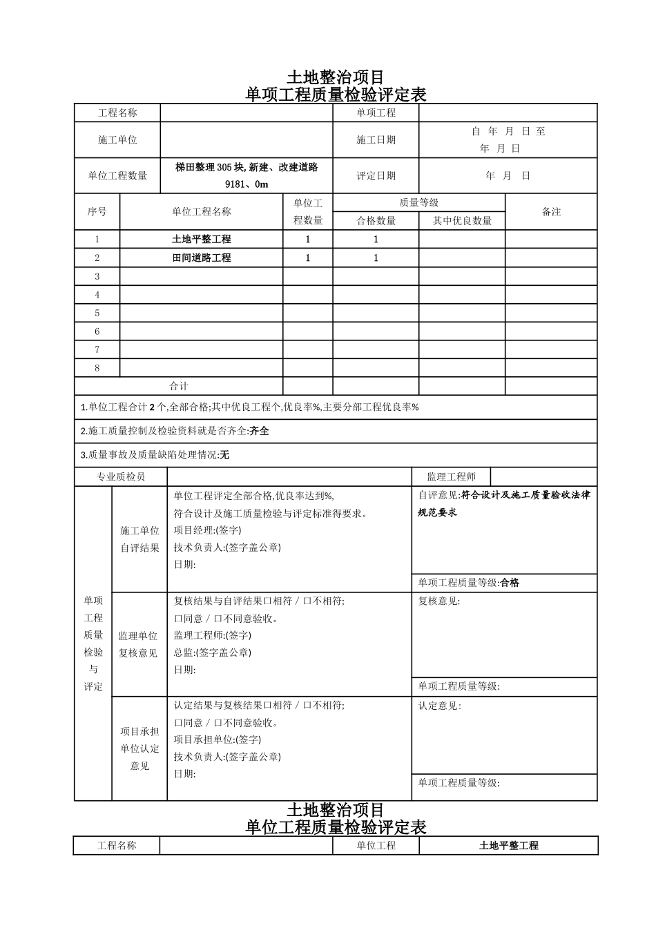 《土地整治工程质量检验与评定规程》评定表_第1页