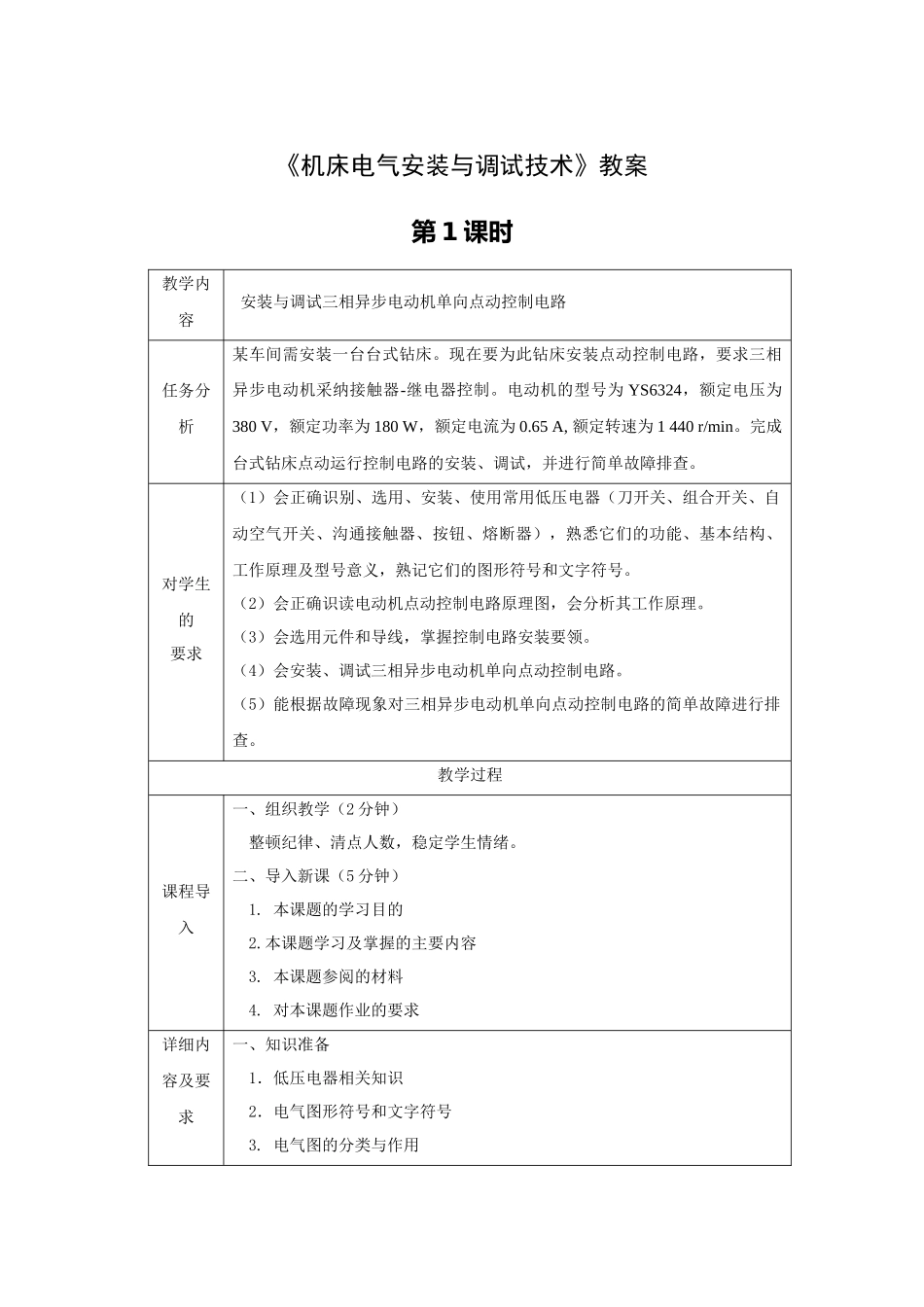 《机床电气安装与调试技术》全套教案-完整版授课电子教案-整本书电子讲义-教学讲义_第1页
