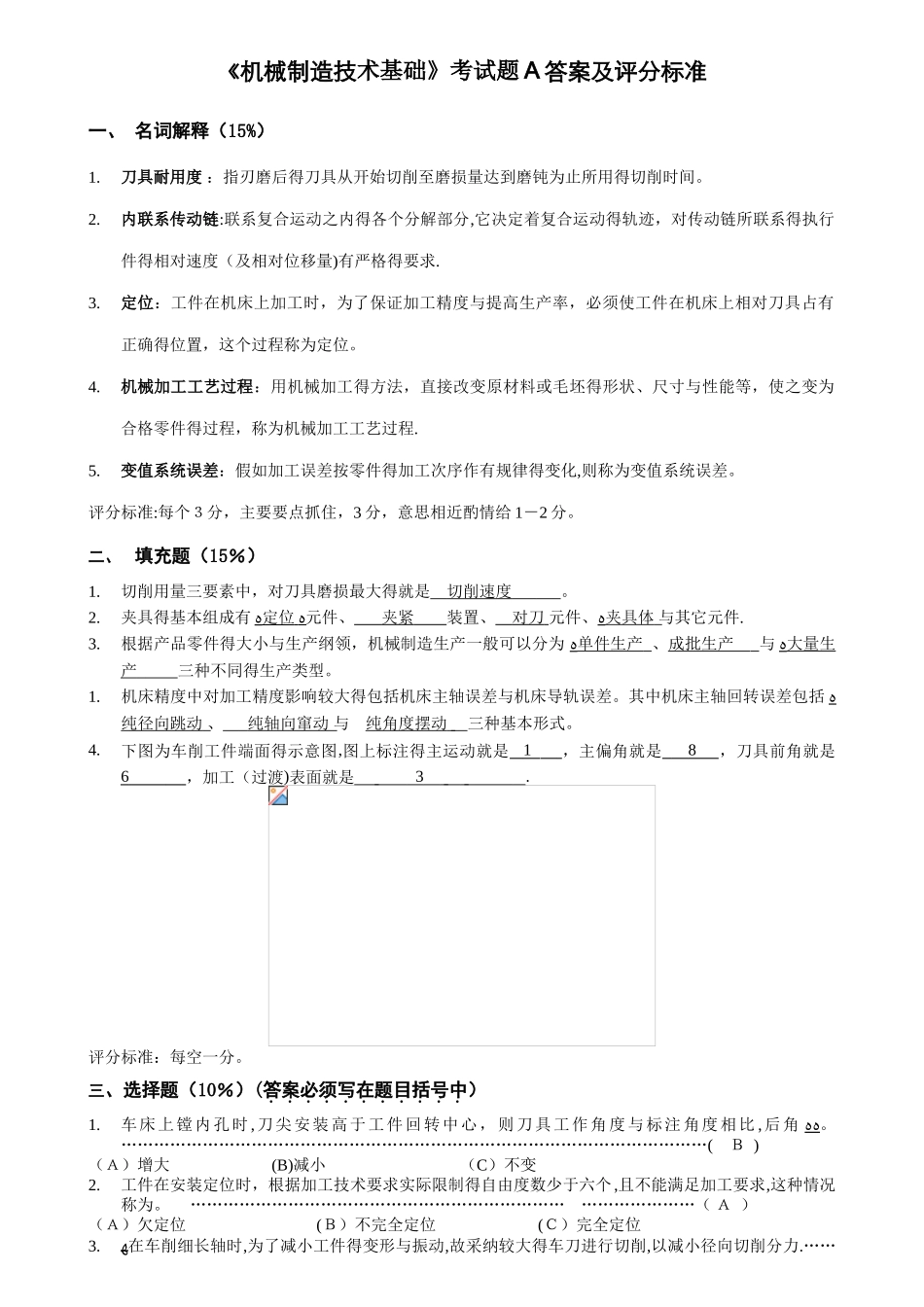 《机械制造技术基础》试卷A答案及评分标准_第1页