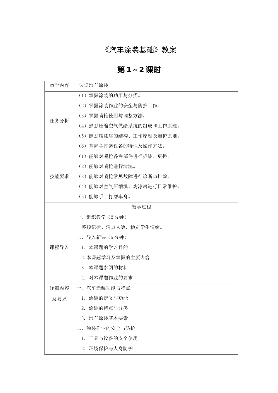 《汽车涂装基础》教案-全套教案-完整版授课电子教案-整本书电子讲义-教学讲义_第1页